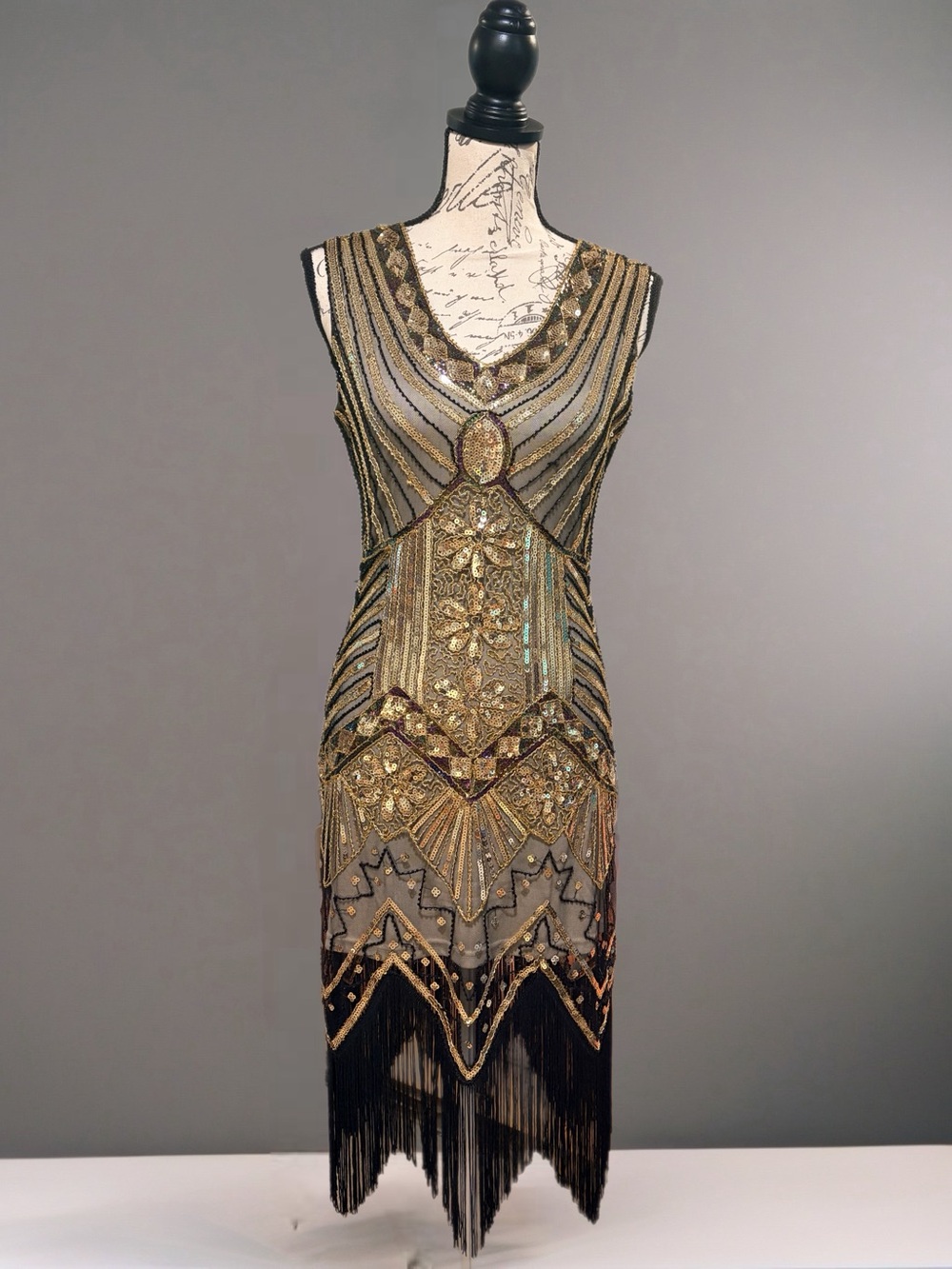 Great Gatsby Flapper Dress w/ Gold Sequin Sz L Art Deco 1920's Vintage Inspired